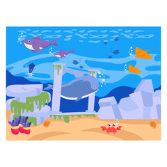 Naklejka premium Coral reef ocean underwater concept, Aquarium, undersea cave, deep ocean bottom landscape vector icon design, wildlife seabed scenery symbol, Tropical Sea Under Water Surface stock illustration, 