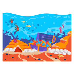 Treasure Box and Cave in Deep Sea Scene Concept, Print for children underwater vector icon design, wildlife seabed scenery symbol, Tropical Sea Under Water Surface stock illustration, 