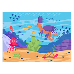 childish kids marine creatures concept, Seahorse hiding using camouflage vector icon design, wildlife seabed scenery symbol, Tropical Sea Under Water Surface stock illustration, 