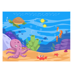 Underwater life concept, Many types of sea animals under the ocean vector icon design,  wildlife seabed scenery symbol, Tropical Sea Under Water Surface stock illustration, 