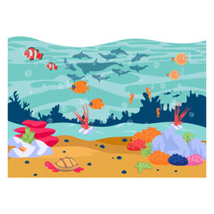 Naklejka na ściany i meble Underwater landscape with Different types of sea Animals concept, Clownfish undersea wildlife vector icon design, seabed scenery symbol, Tropical Sea Under Water Surface stock illustration, 