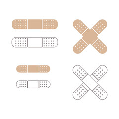 Vector set of medical adhesive plasters. Antibacterial beige and white sticky tape icons isolate on white. Medicine and healthcare concept.