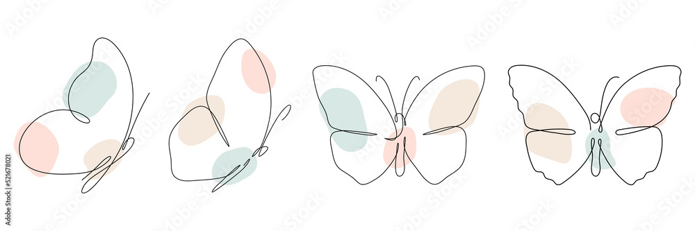 Poster butterfly continuous one line drawing set. linear art butterfly flying with abstract pastel color sh