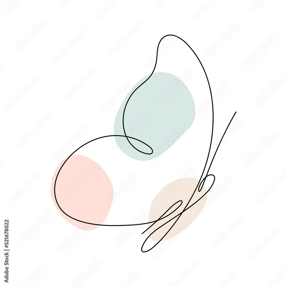 Poster butterfly continuous one line drawing. linear art butterfly flying with abstract pastel color shapes