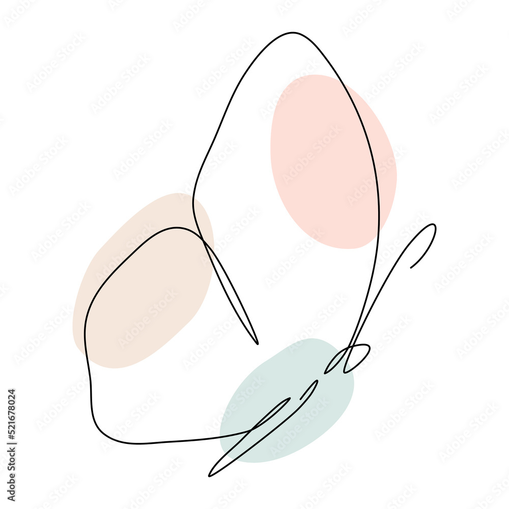 Poster butterfly continuous one line drawing. linear art butterfly flying with abstract pastel color shapes