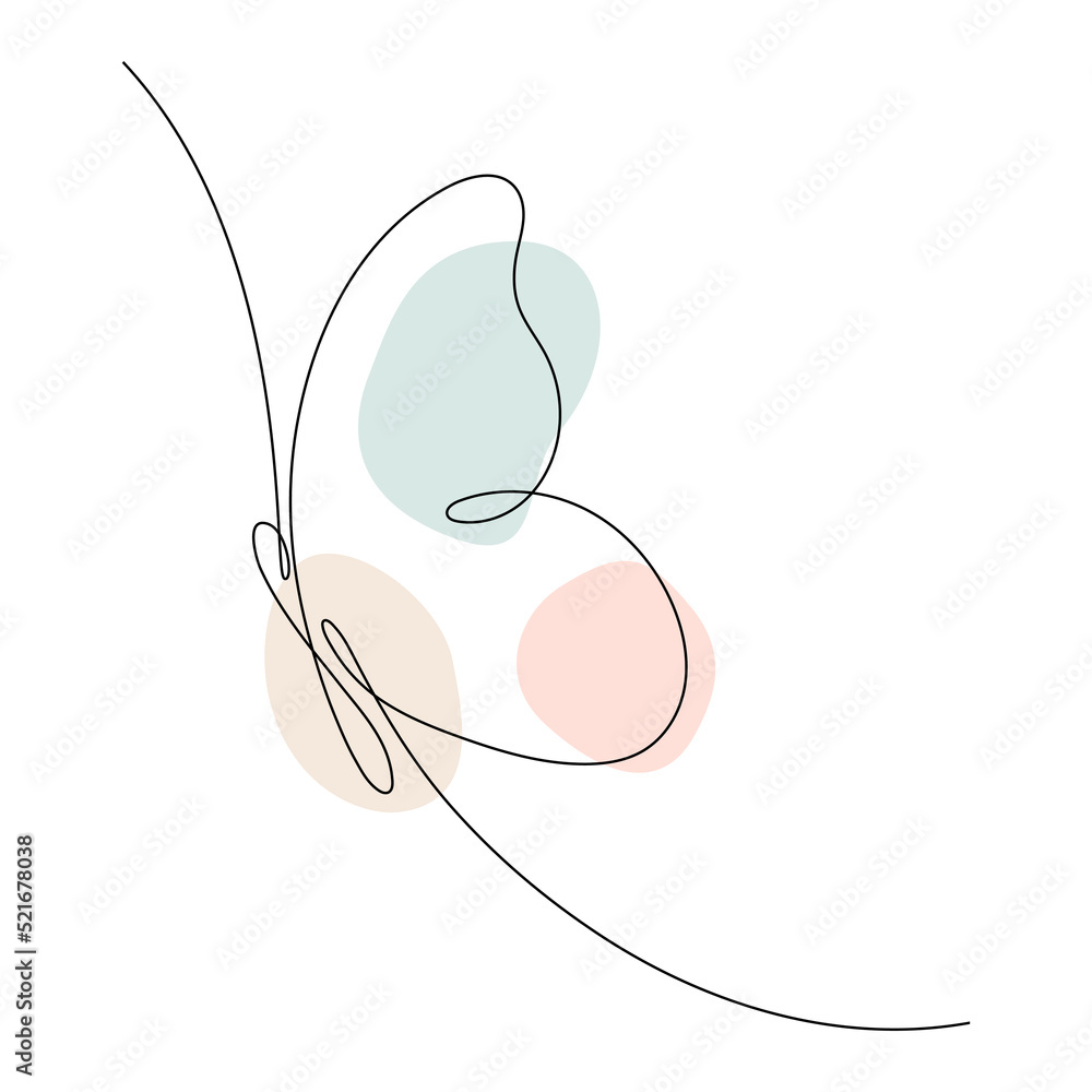 Poster butterfly continuous one line drawing. linear art butterfly flying with abstract pastel color shapes