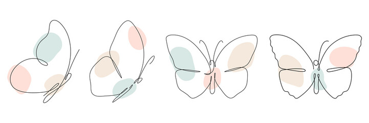 Butterfly continuous one line drawing set. Linear art butterfly flying with abstract pastel color shapes collection. Vector isolated on white.