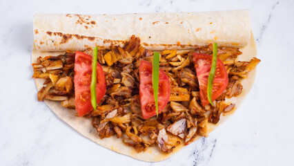 Turkish chicken portion doner kebab top view 