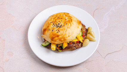Beef tombik doner kebab in plate tray top view isolated