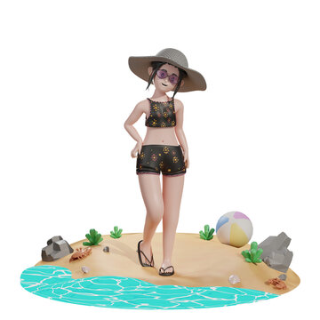 Female in the beach with ball, summer 3d Illustration
