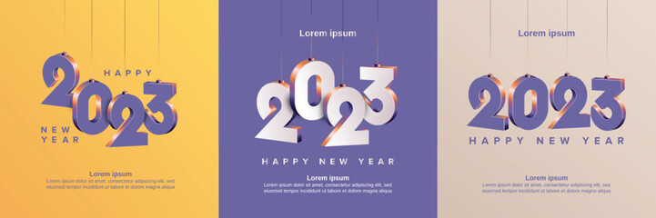 Happy new year 2023 square template with 3D hanging number. Greeting concept for 2023 new year celebration 