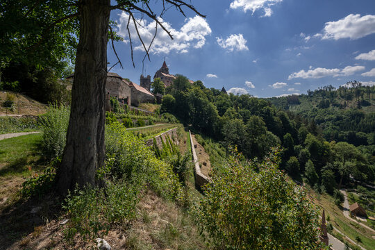 Nebovidy, Czech Republic /South Moravia Region - 07 24 2022: Pernstejn castle view from the cascades in the garden