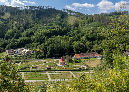 Nebovidy, Czech Republic /South Moravia Region - 07 24 2022: Pernstejn castle garden 