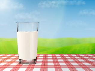 Glass of milk on checkered tablecloth with blurred landscape on background. Cow milk in glass cup against meadow and sky. Vector image for milk, food service, dairy, beverages, gastronomy, health food