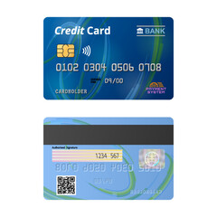 Contactless bank credit card, front and back view. Payment debit card with chip isolated on white background. Vector image for banking, financial industry, economy, payment system, shopping, etc