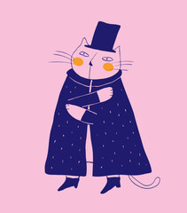 Funny Vector Illustration with  Gentleman Cat in a Top Hat and Wrap-up Isolated on a Pink Background. Simple Infantile Style Print with Funny Hand Drawn Cat ideal for Card, Poster, Wall Art.