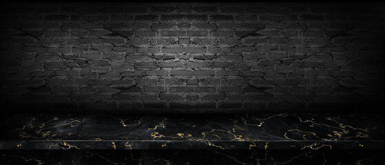 empty marble black and gold shelves and cement wall