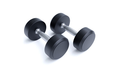 Obraz na płótnie Canvas Dumbbells isolated on white background, gym equipment, stainless steel and rubber coated. 3D Rendering
