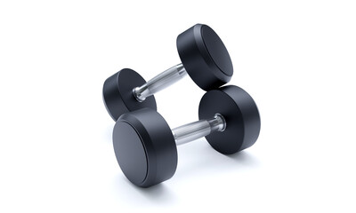 Fototapeta na wymiar Dumbbells isolated on white background, gym equipment, stainless steel and rubber coated. 3D Rendering