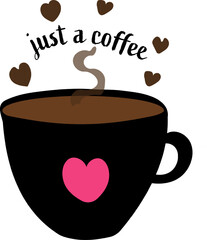 Cup of coffee vector illustration with pink heart shape and just a coffee text isolated on white background.
