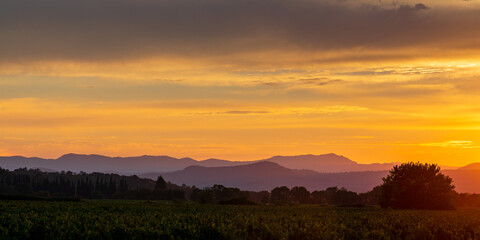 Colorful summer sunset landscape on the Cevennes mountain range, Cardet, Gard, France