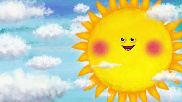 Sun cartoon animation pastel watercolor natural brush style. Cute sweet character with mimics on blue sky with clouds background. Good as intro, titles, etc...
