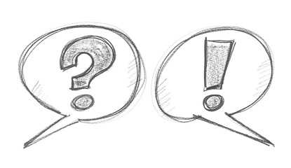 Question and exclamation mark in speech bubble, hand draw isolated on white