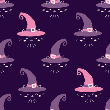 Seamless pattern witch hat with cute cat face. Halloween party. Vector illustration. Design for wallpaper, textile and background