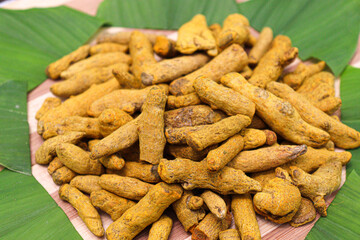 dry turmeric stock with leaf