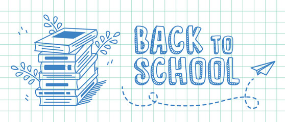 Welcome back to school vector background. Cute hand drawn wallpaper with stack of books and paper airplane in doodle style. Adorable banner design for education, prints, covers, kids.