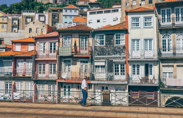 Details of beautiful colored houses and northern Portuguese architecture style 