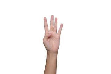 The young woman's hand shows thumbs up on a white background, counting numbers showing four fingers on a white background.