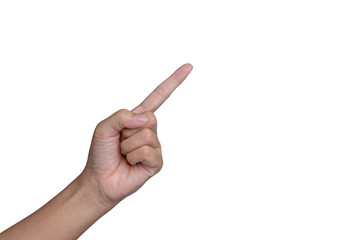 Close-up of young woman's hand gesture pointing finger at something isolated on white background