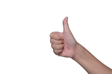Close-up shot of a woman holding thumbs up showing satisfaction at something isolated on a white background