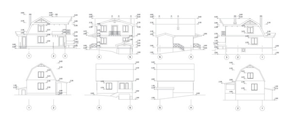 Detailed architectural technical drawing of a private building, vector blueprint