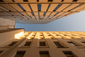 Looking up at skyscrapers in the city center of Frankfurt