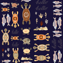 seamless pattern without background with colorful fish, crabs and turtles