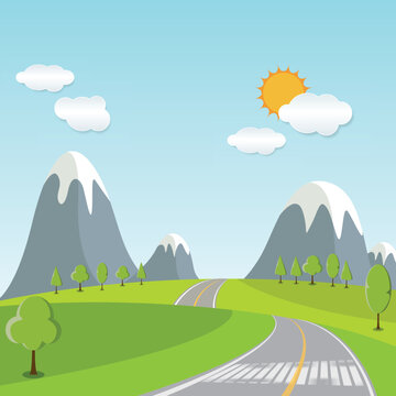 Spring or Summer Cartoon Landscape, with road trail leading towards horizon
