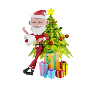 3D Render of santa claus characters and christmas tree