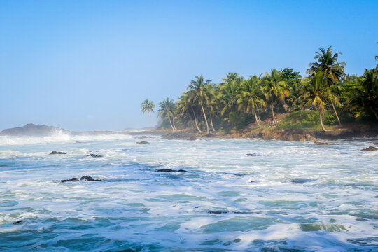 Amazing View to the Sandy Atlantic Coastline of Axim Beach in Ghana, West Africa