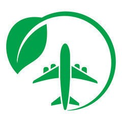 Electric plane icon. Airplane in green circle with a leaf. Aircraft powered by electricity. Green aviation concept Vector illustration.