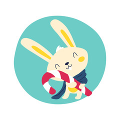 Rabbit bunny with a red and white Christmas candy stick. Christmas winter animal character in simple hand drawn scandinavian style. A colorful childish cartoon in a colorful festive palette. Vector