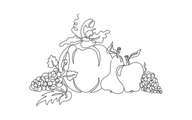 Harvest drawn by one line. Sketch. Continuous line drawing fruit and vegetables. Minimalist art. Vector illustration in doodle style.