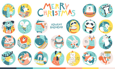 Advent calendar. Christmas winter animal characters in simple hand drawn scandinavian style. A colorful childish cartoon in a colorful festive palette. Vector illustration.