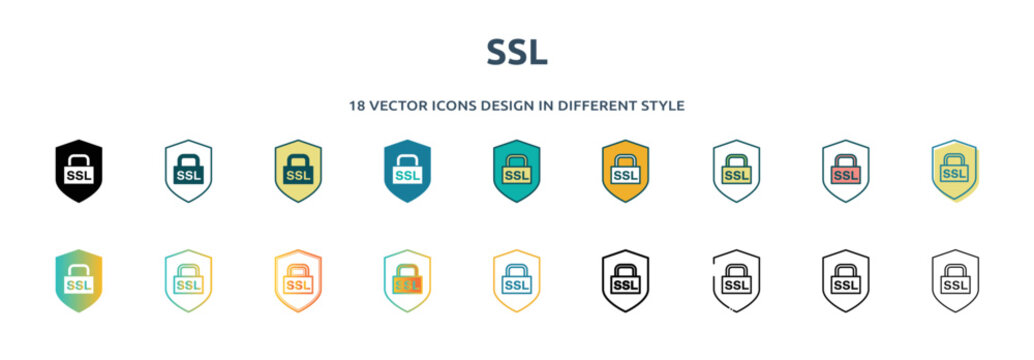 ssl icon in 18 different styles such as thin line, thick line, two color, glyph, colorful, lineal color, detailed, stroke and gradient. set of ssl vector for web, mobile, ui