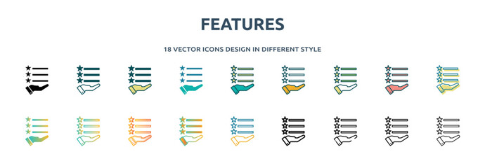 features icon in 18 different styles such as thin line, thick line, two color, glyph, colorful, lineal color, detailed, stroke and gradient. set of features vector for web, mobile, ui