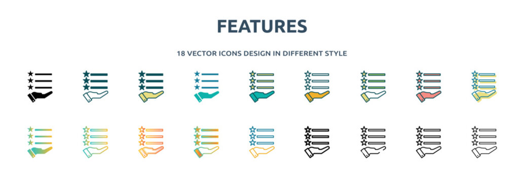 features icon in 18 different styles such as thin line, thick line, two color, glyph, colorful, lineal color, detailed, stroke and gradient. set of features vector for web, mobile, ui