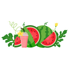 Watermelon and juicy slices vector, flat design of green leaves and watermelon flower illustration, Fresh and juicy fruit concept of summer food.