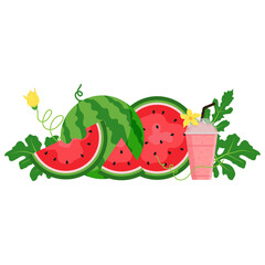 Watermelon and juicy slices vector, flat design of green leaves and watermelon flower illustration, Fresh and juicy fruit concept of summer food.