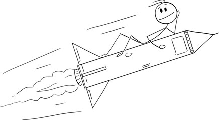 Happy Person or Businessman Flying High on Space Rocket, Vector Cartoon Stick Figure Illustration